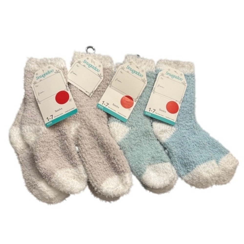 Snugadoo Kids Fuzzy Socks 4 Pair Set Tan Blue White Shoe Size 1-7 New With Tags